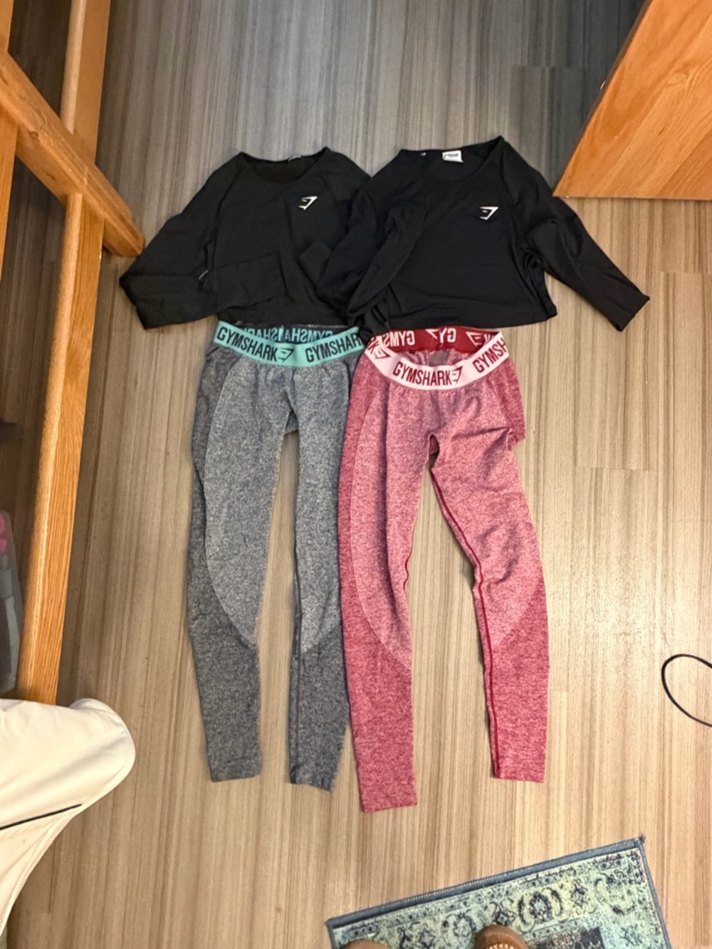Gymshark Black Crop Tops with Gray and Pink Leggings